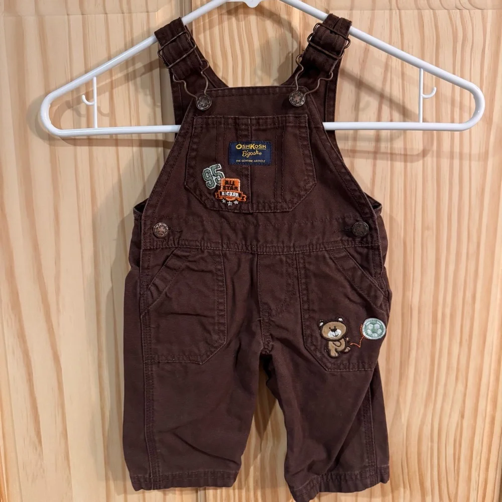 OshKosh Bgosh Baby‎ Boys Brown Canvas All Star Kicker Bear Overalls 3 Months